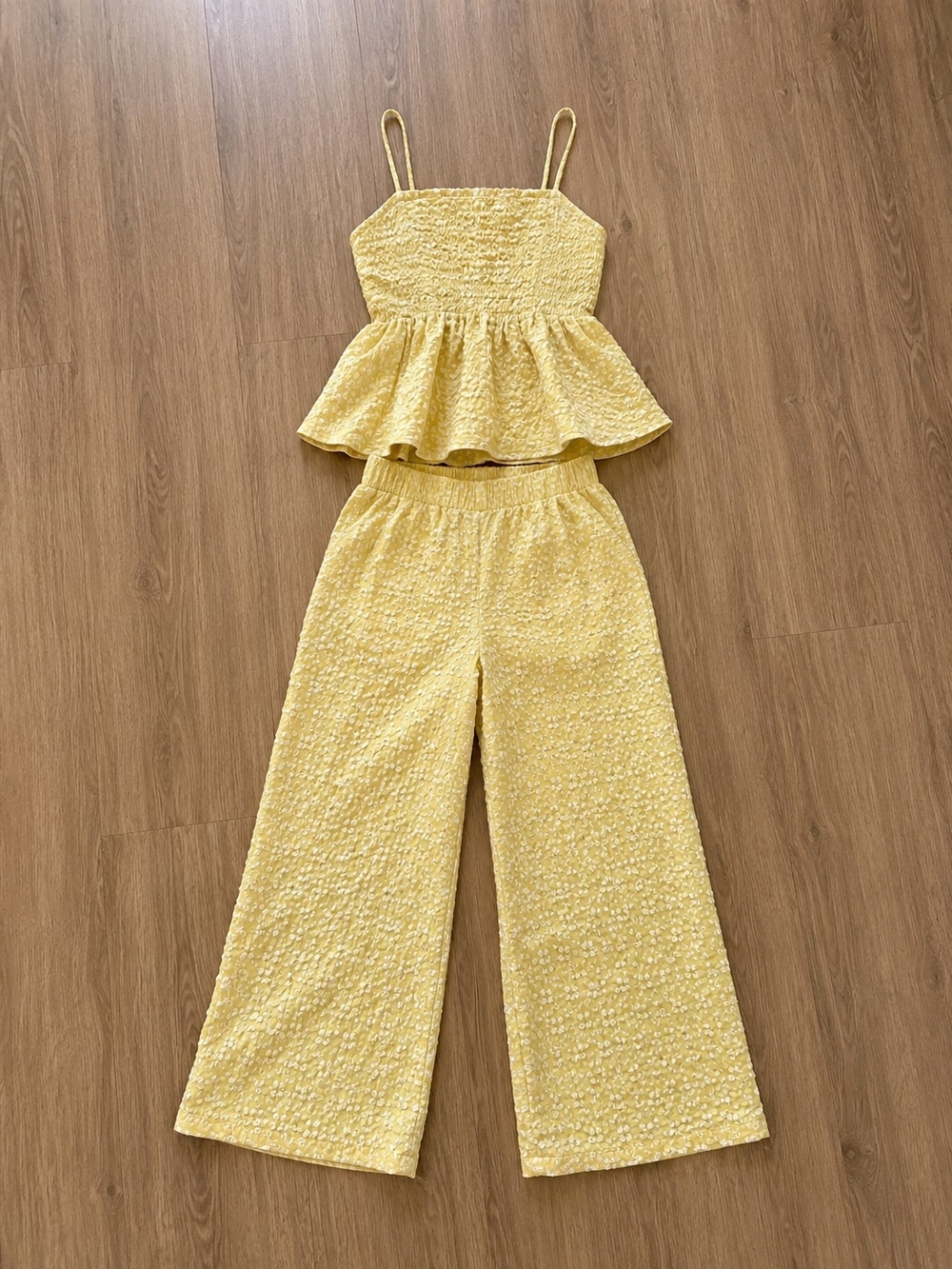Amazon Yellow Smocked Peplum Crop Top & Wide-Leg Pants Set